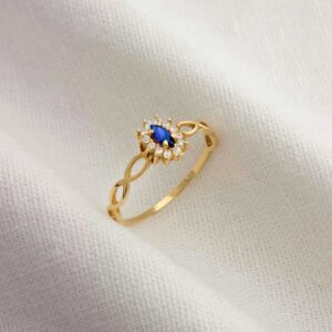Anel de Formatura Ouro 18k Safira Azul Natural 12 brilhantes